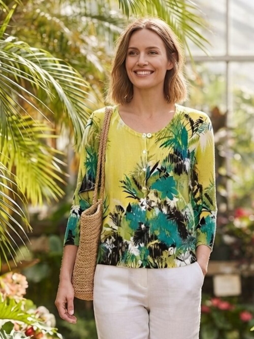 Tropical Knit Cardigan 3/4 Length Sleeve Yellow Green XL